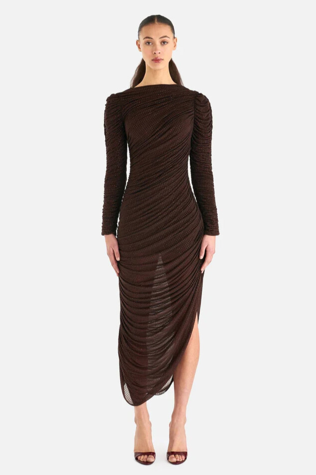 Evie Long Sleeve Ruched Rhinestone Mesh Midi Dress In Brown