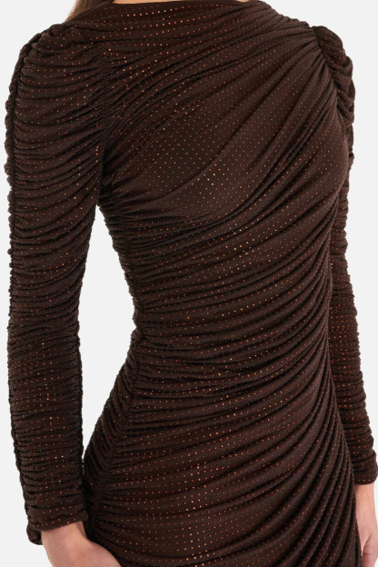 Evie Long Sleeve Ruched Rhinestone Mesh Midi Dress In Brown