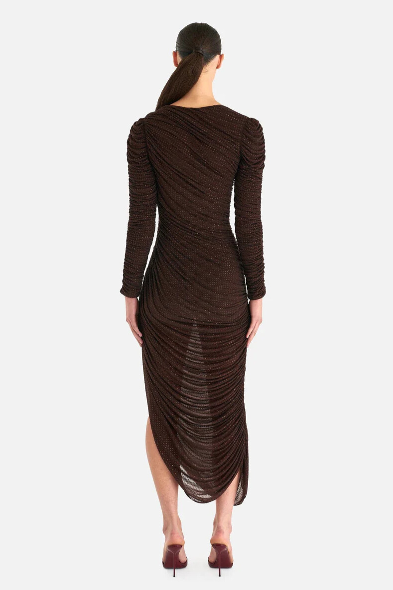 Evie Long Sleeve Ruched Rhinestone Mesh Midi Dress In Brown