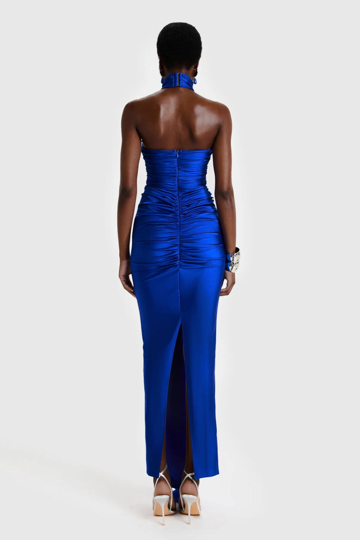 Ivette Halterneck Ruched Satin Maxi Dress In Navy