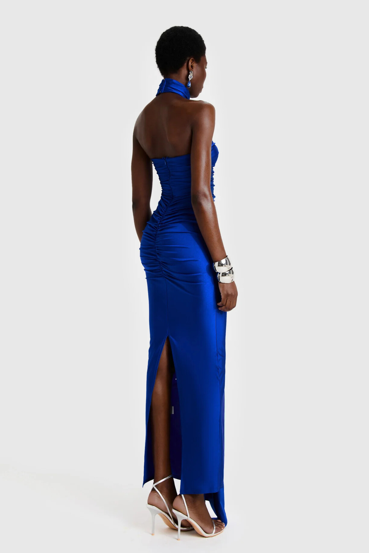 Ivette Halterneck Ruched Satin Maxi Dress In Navy