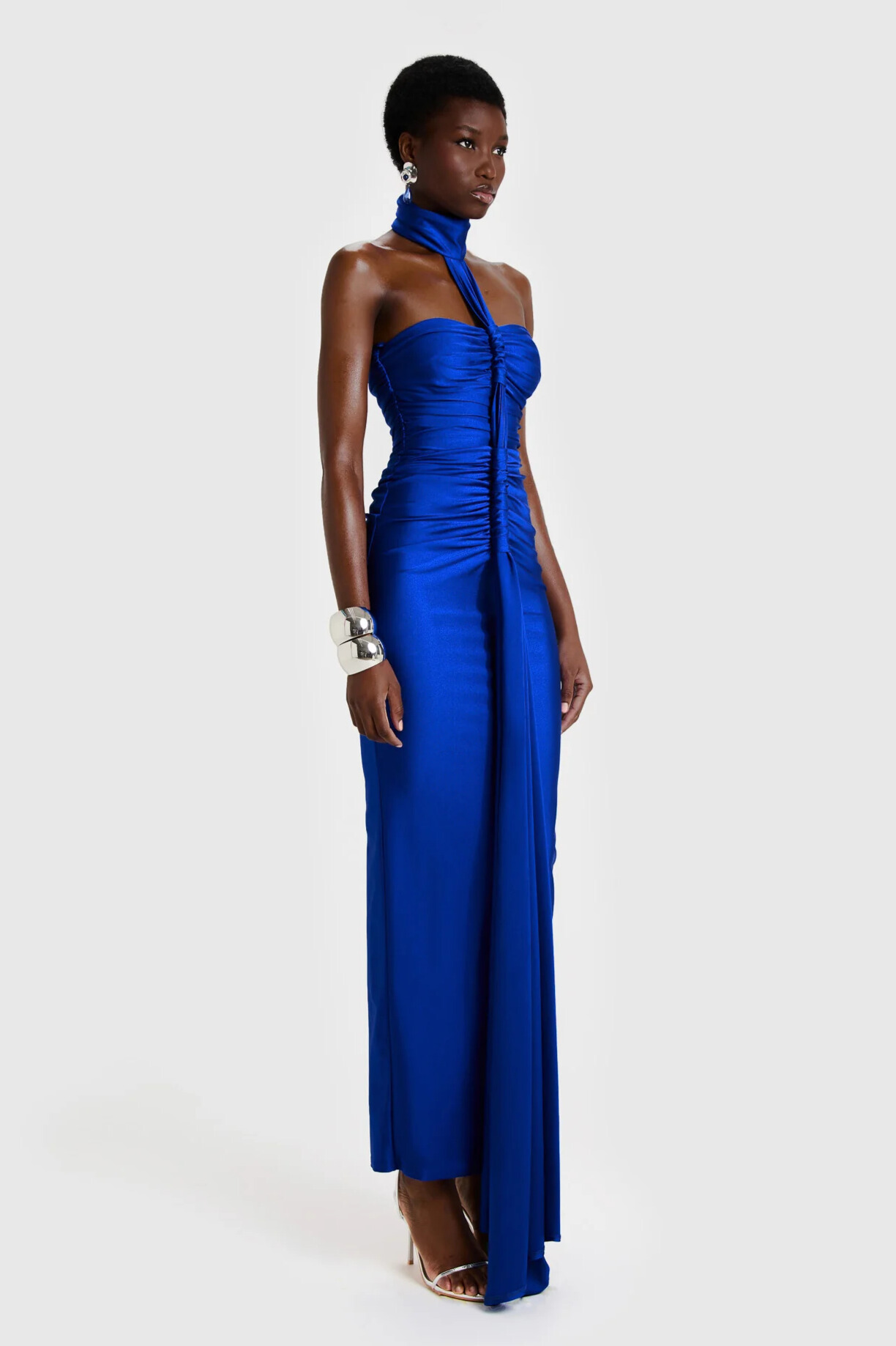 Ivette Halterneck Ruched Satin Maxi Dress In Navy