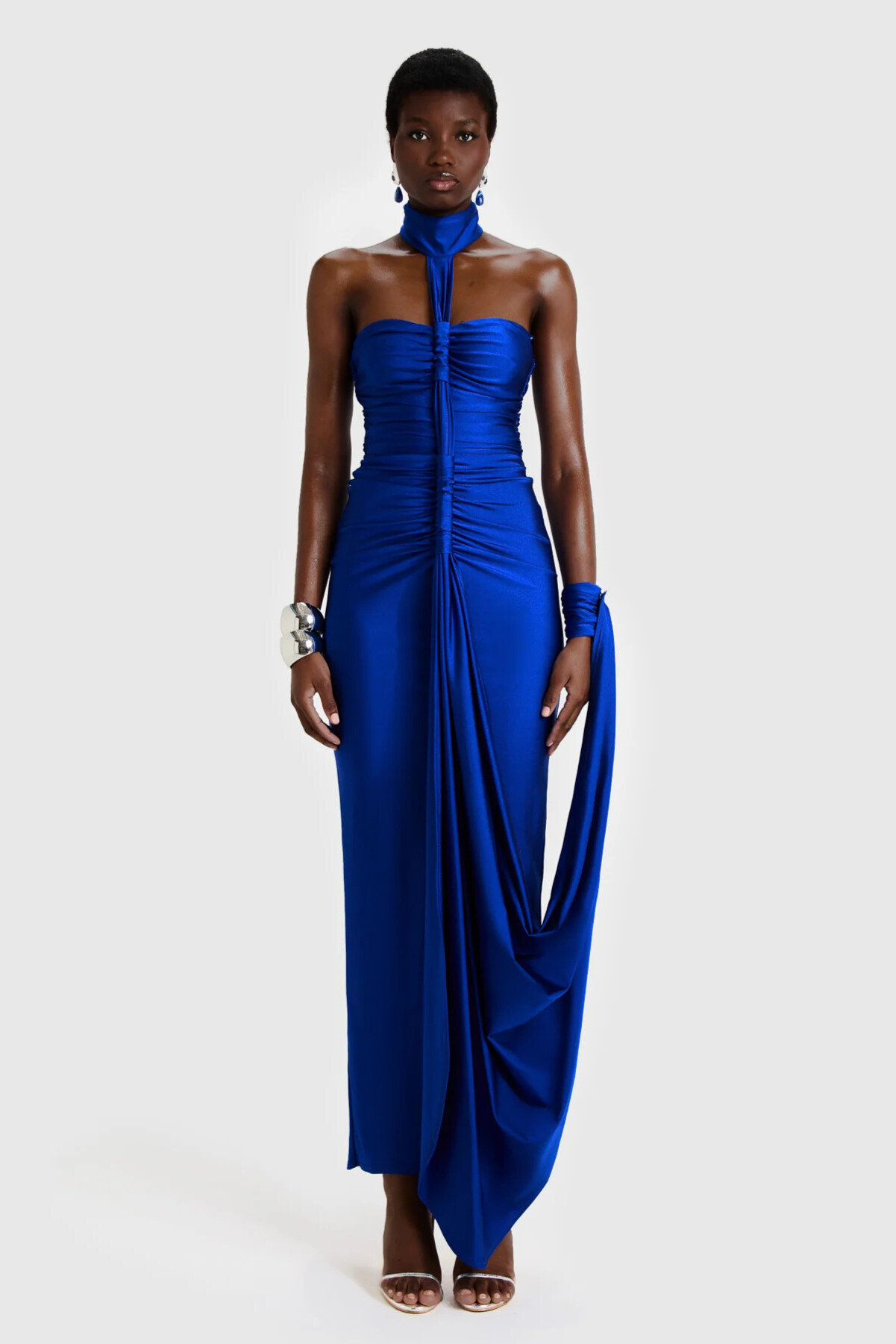 Ivette Halterneck Ruched Satin Maxi Dress In Navy