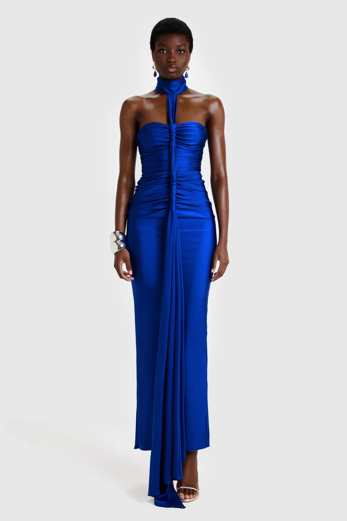 Ivette Halterneck Ruched Satin Maxi Dress In Navy