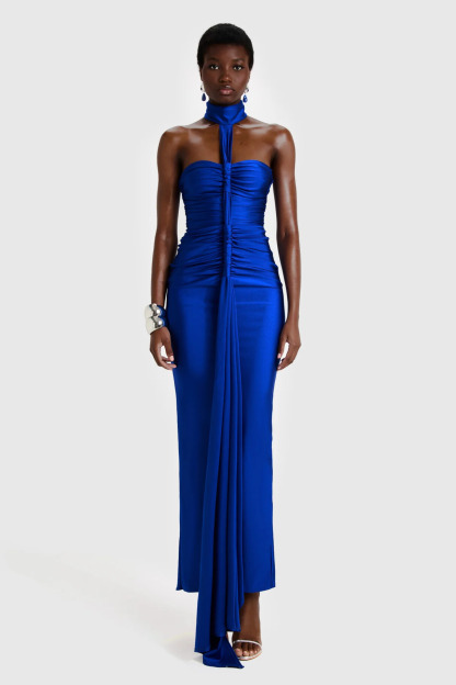 Ivette Halterneck Ruched Satin Maxi Dress In Navy