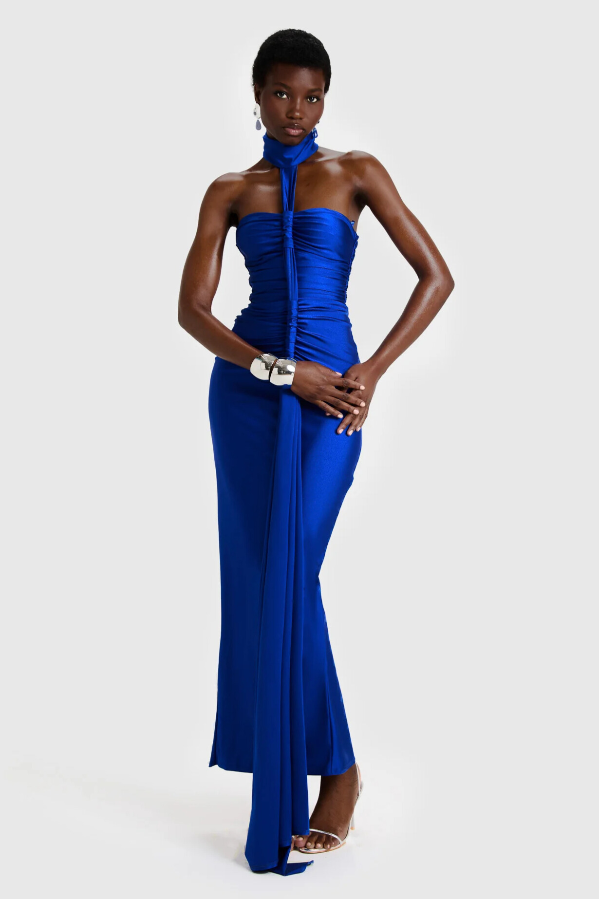 Ivette Halterneck Ruched Satin Maxi Dress In Navy