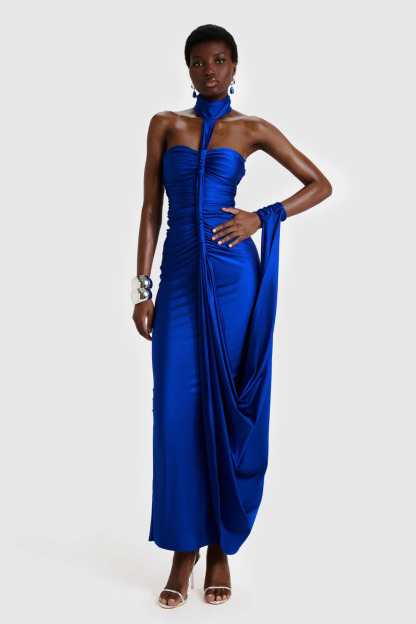 Ivette Halterneck Ruched Satin Maxi Dress In Navy