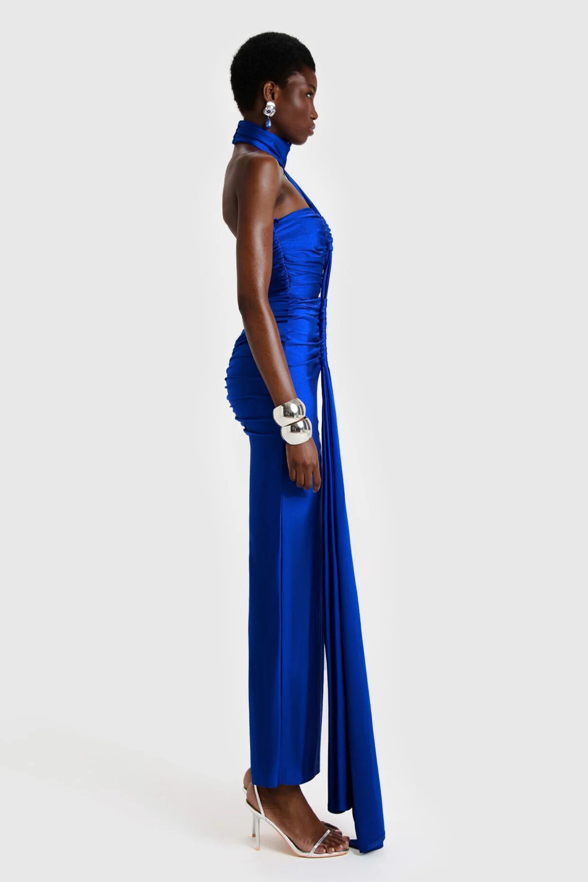 Ivette Halterneck Ruched Satin Maxi Dress In Navy