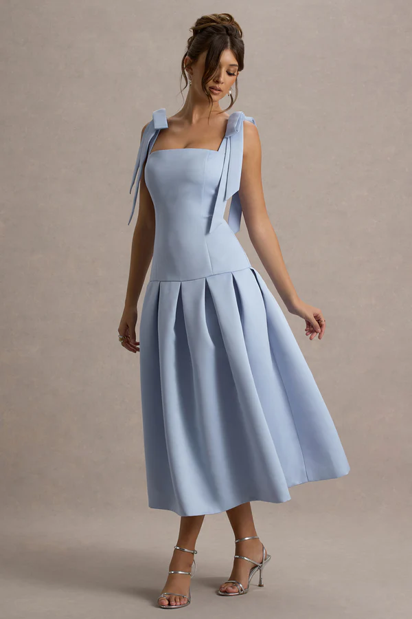 Lyndell Square Neck Satin Midi Dress In Sky