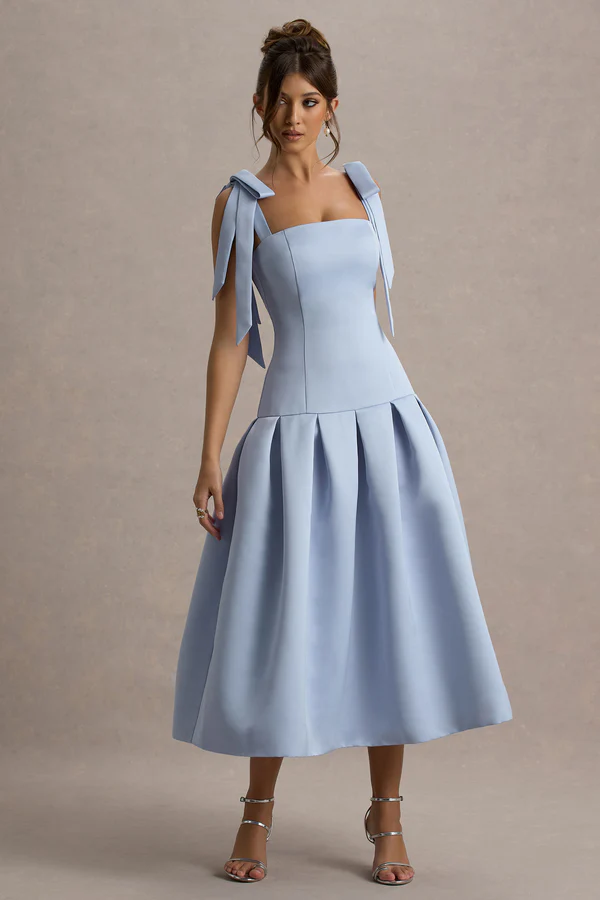 Lyndell Square Neck Satin Midi Dress In Sky