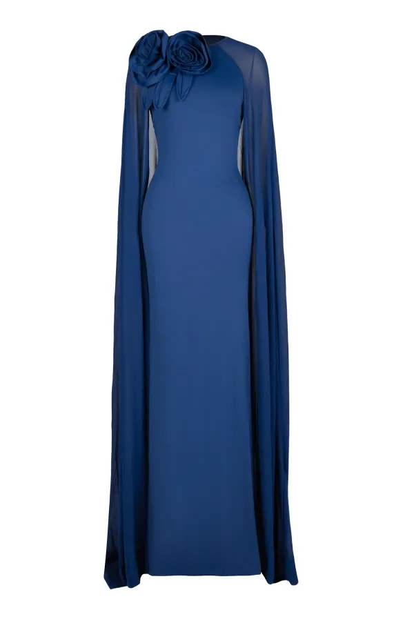 Mae Flower Cape Maxi Dress In Blue