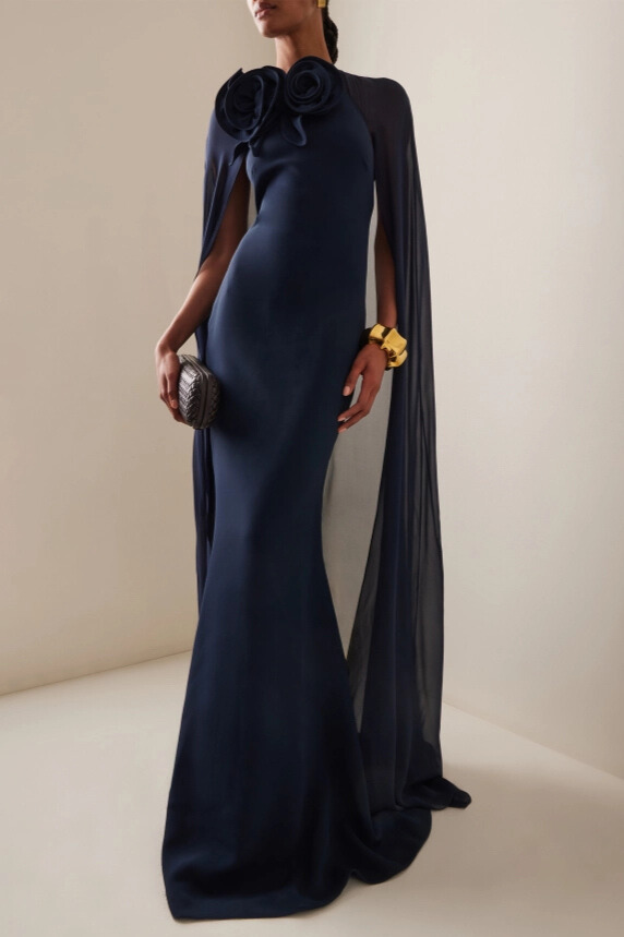 Mae Flower Cape Maxi Dress In Blue