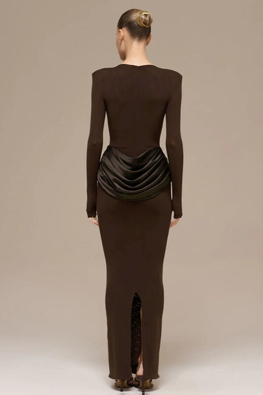 Kestrel Long Sleeve Satin Drape Maxi Dress In Chocolate