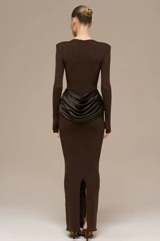 Kestrel Long Sleeve Satin Drape Maxi Dress In Chocolate