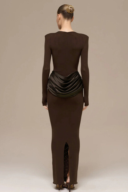 Kestrel Long Sleeve Satin Drape Maxi Dress In Chocolate