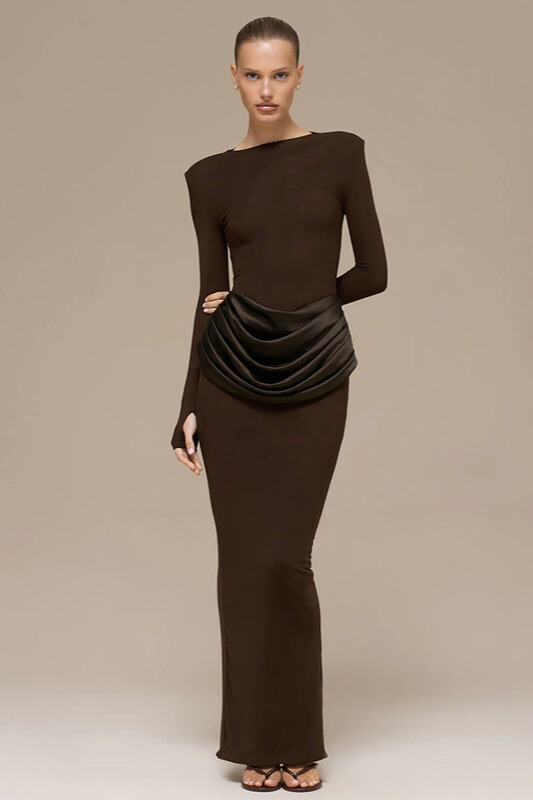 Kestrel Long Sleeve Satin Drape Maxi Dress In Chocolate