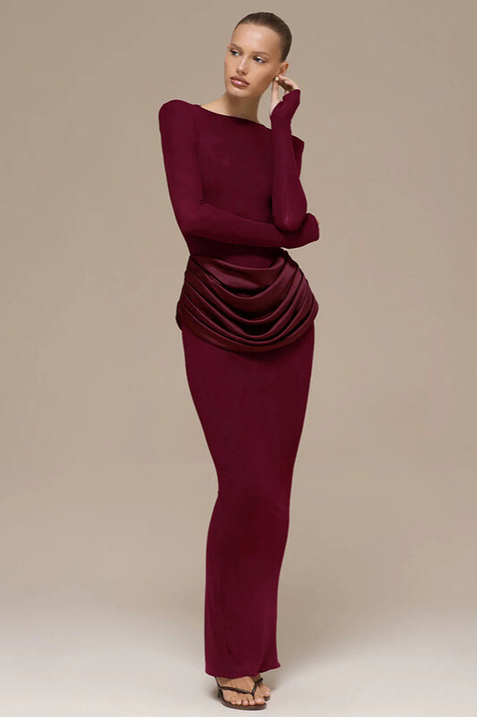 Kestrel Long Sleeve Satin Drape Maxi Dress In Claret
