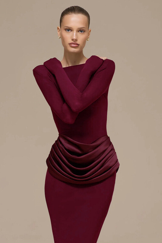 Kestrel Long Sleeve Satin Drape Maxi Dress In Claret