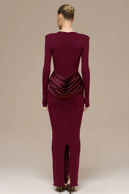 Kestrel Long Sleeve Satin Drape Maxi Dress In Claret