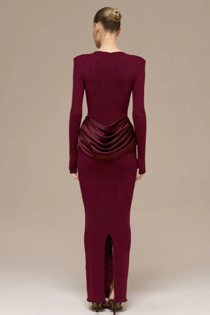 Kestrel Long Sleeve Satin Drape Maxi Dress In Claret