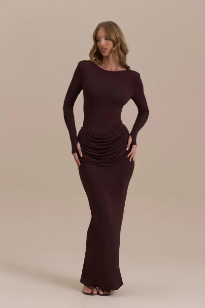 Kestrel Long Sleeve Bodycon Maxi Dress In Dark Brown