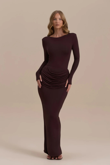 Kestrel Long Sleeve Bodycon Maxi Dress In Dark Brown