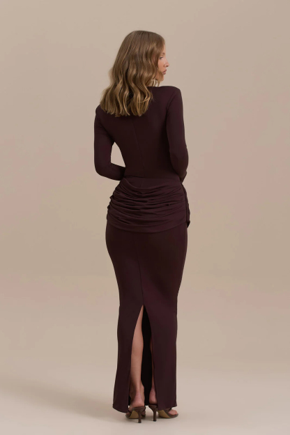 Kestrel Long Sleeve Bodycon Maxi Dress In Dark Brown