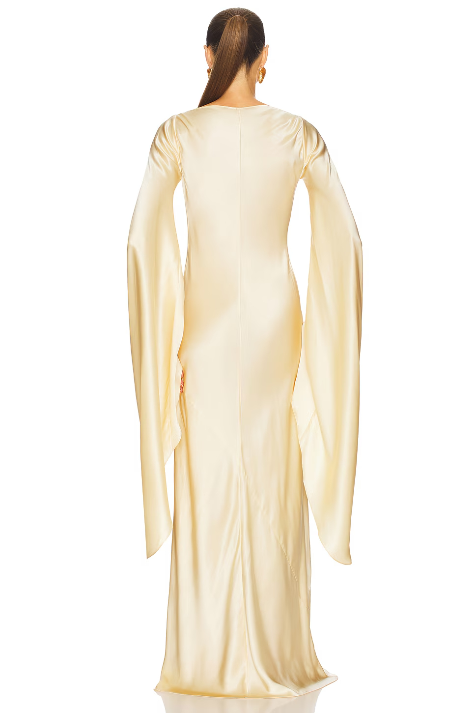 Jinelle Long Flare Sleeve Satin Maxi Dress In Gold