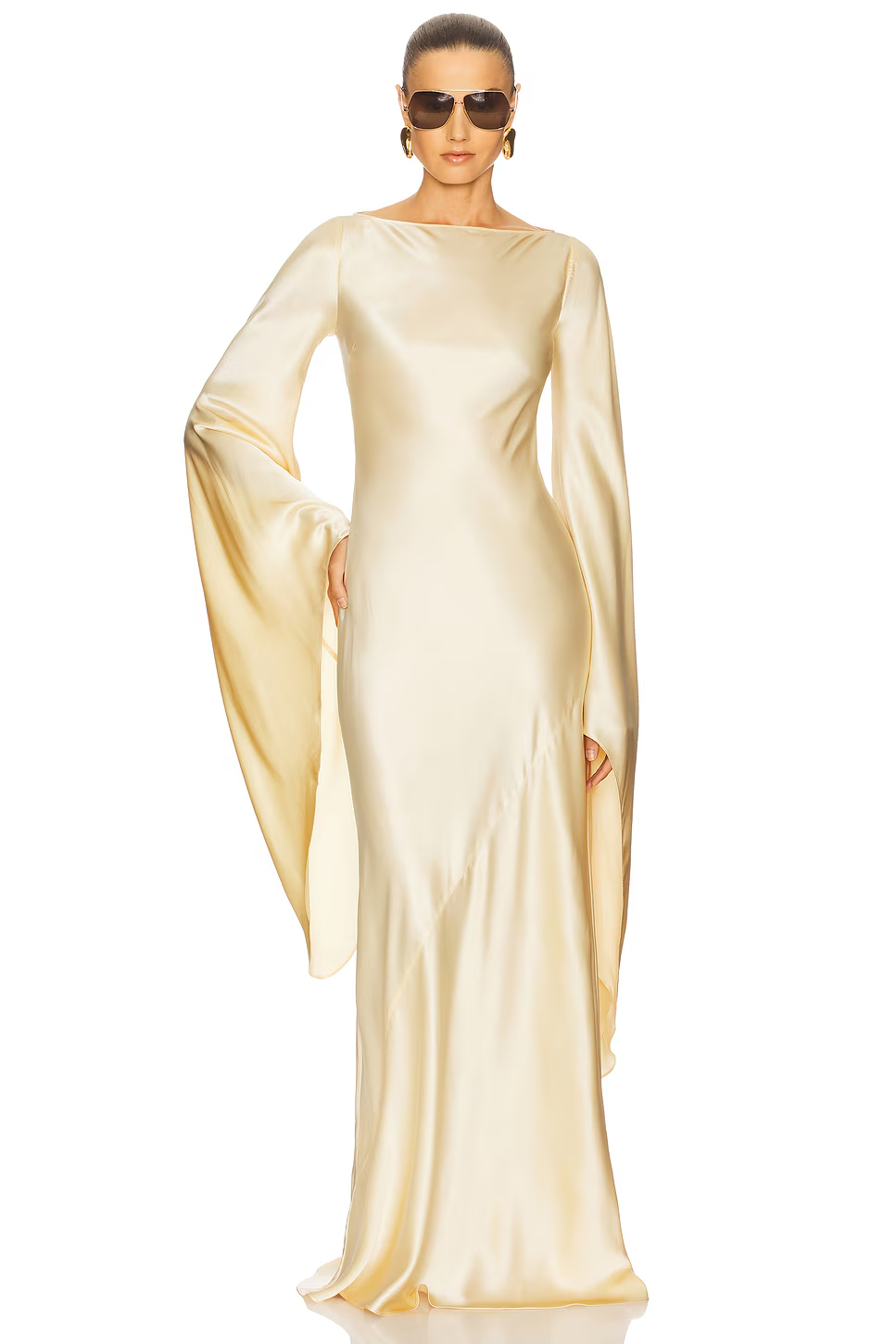 Jinelle Long Flare Sleeve Satin Maxi Dress In Gold