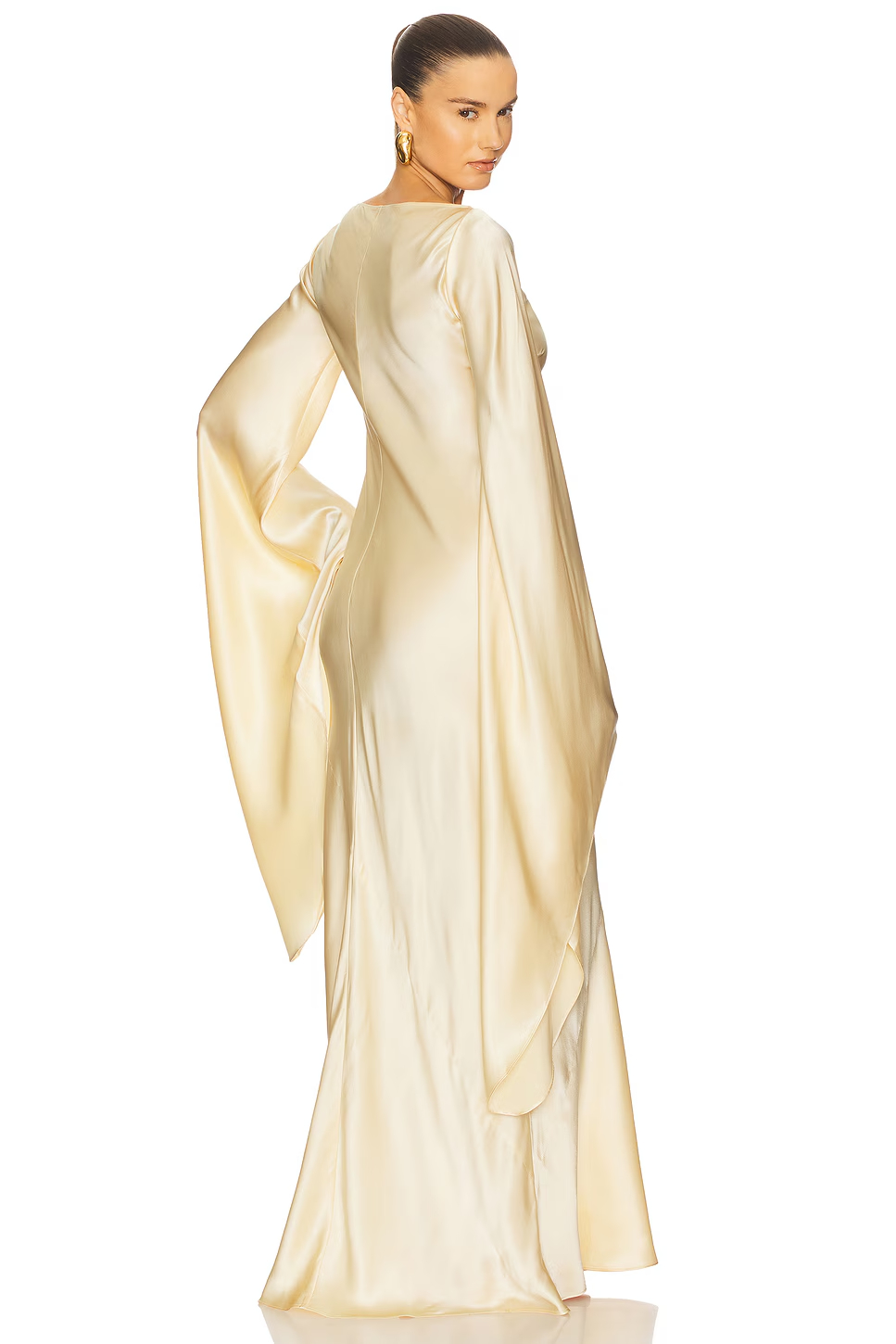 Jinelle Long Flare Sleeve Satin Maxi Dress In Gold