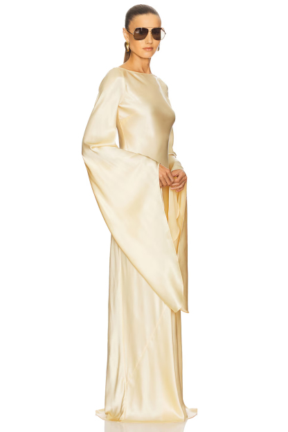 Jinelle Long Flare Sleeve Satin Maxi Dress In Gold