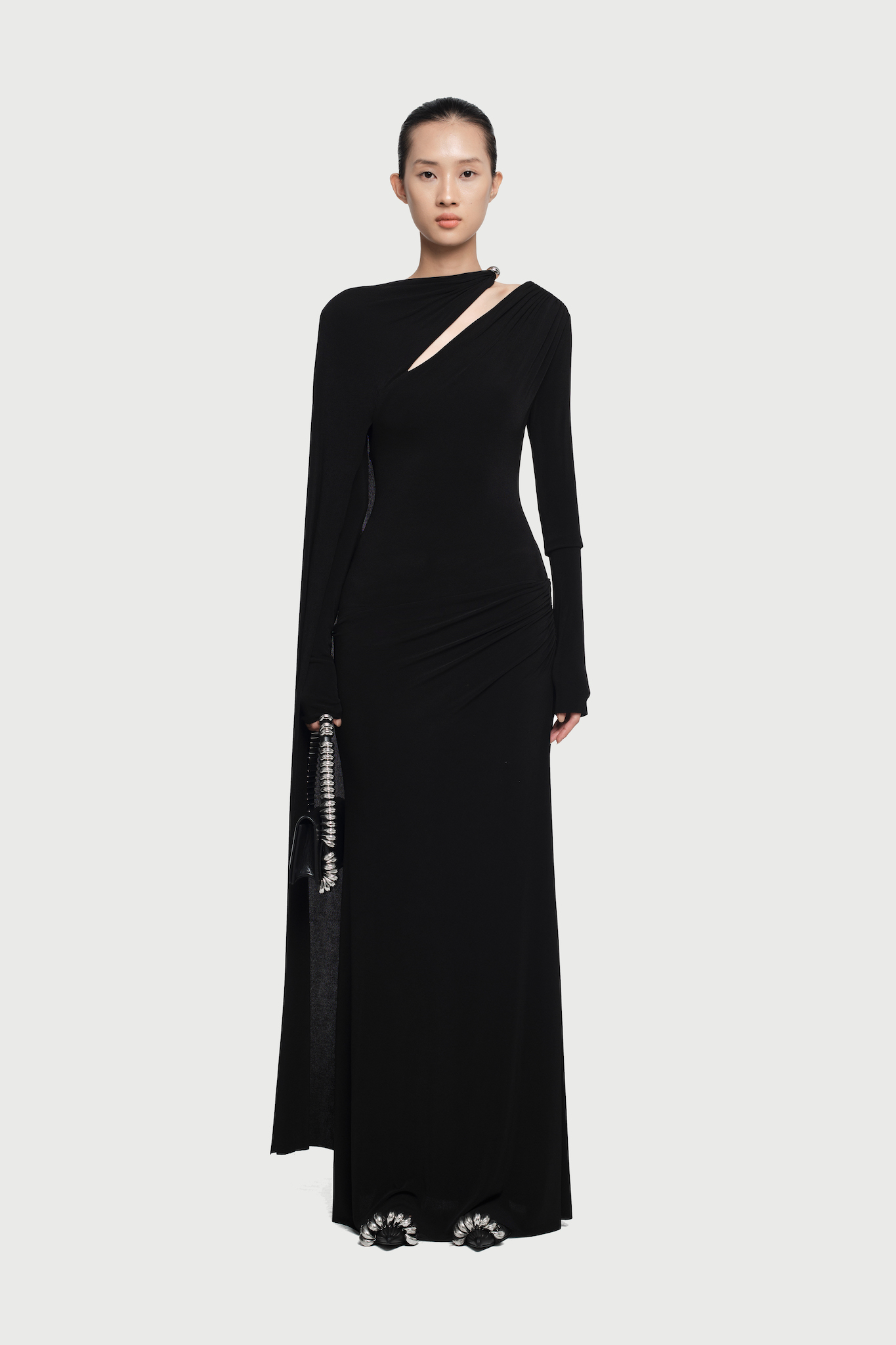 Viola Long Cape Sleeve Maxi Dress In Black