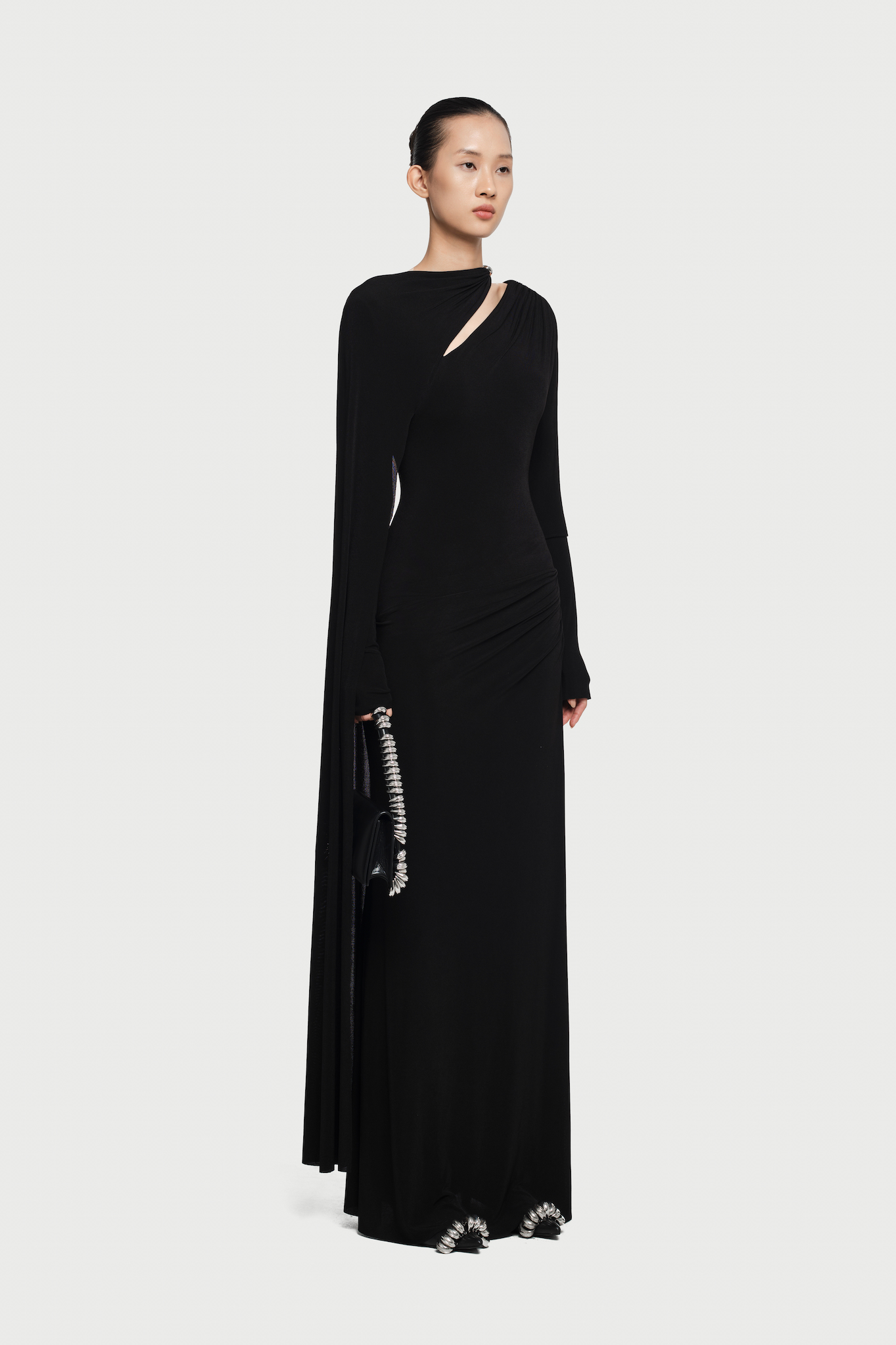 Viola Long Cape Sleeve Maxi Dress In Black