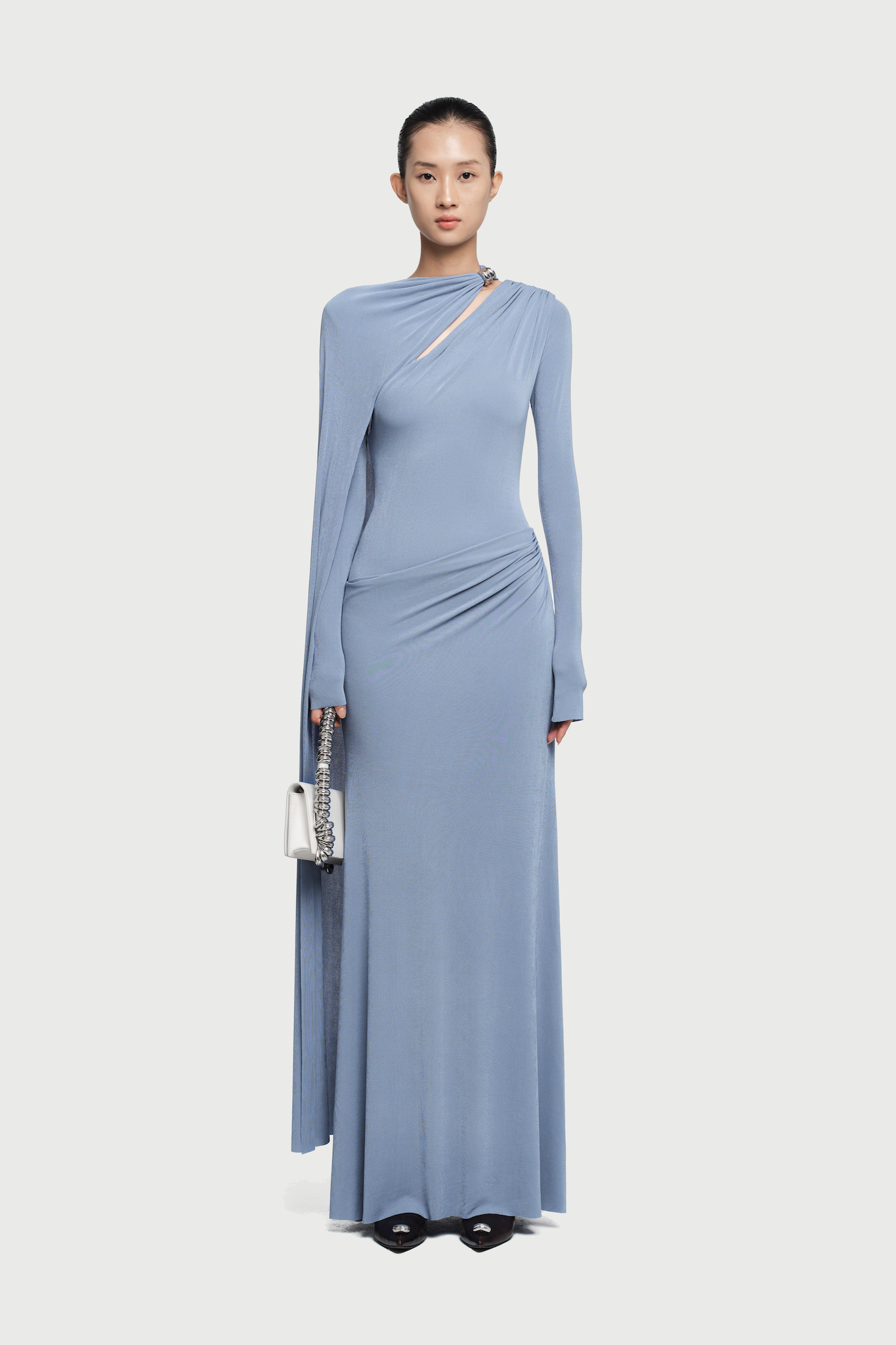 Viola Long Cape Sleeve Maxi Dress In Blue