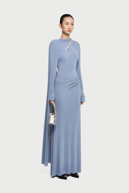 Viola Long Cape Sleeve Maxi Dress In Blue