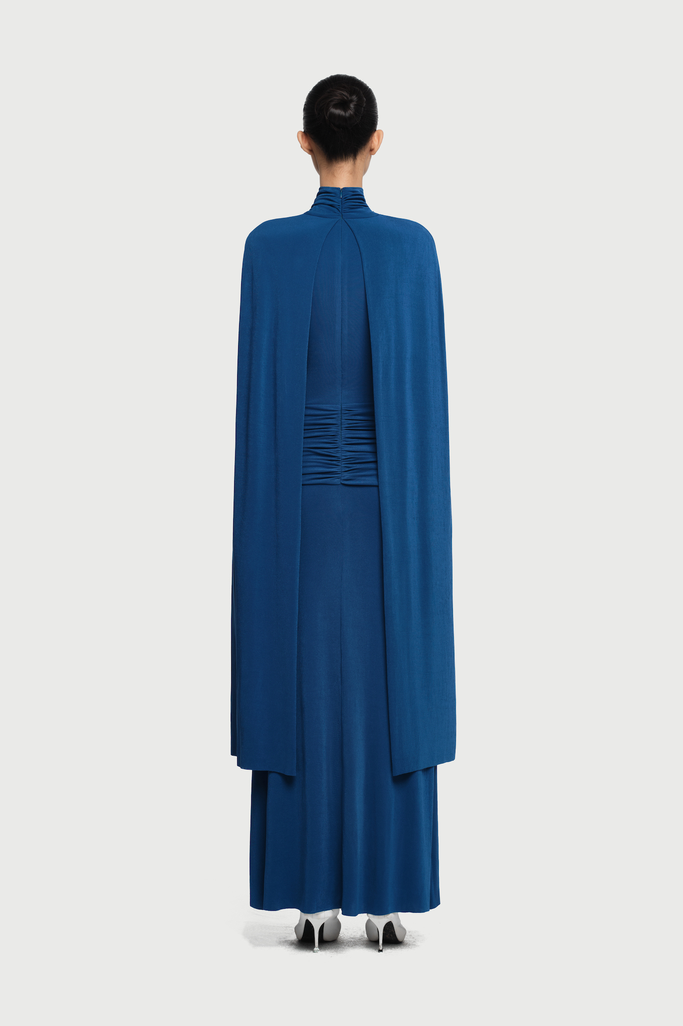 Arian High Neck Cape Draped Maxi Dress In Blue