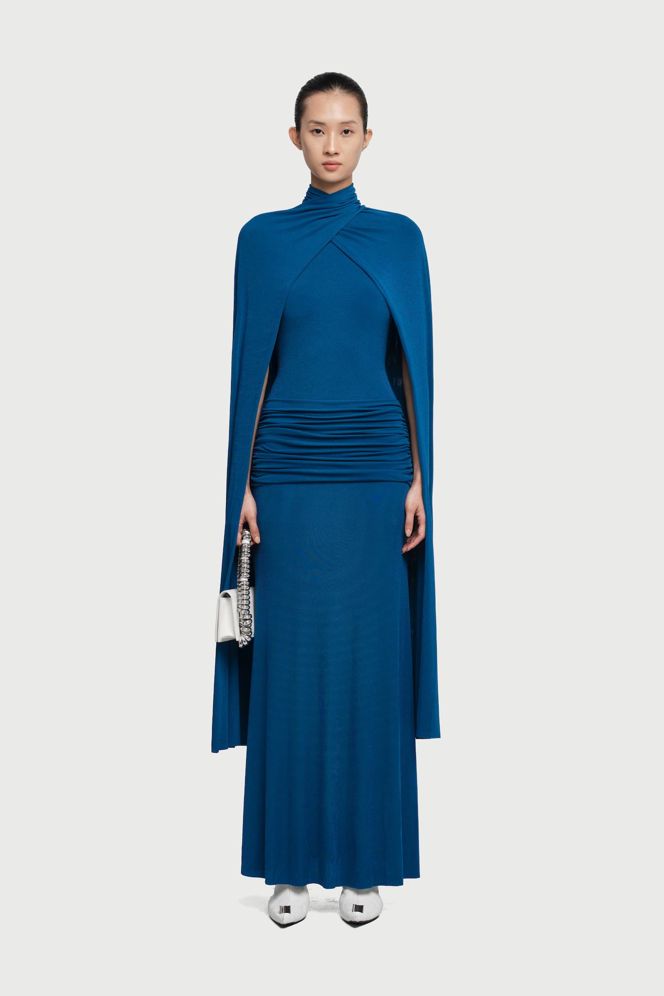 Arian High Neck Cape Draped Maxi Dress In Blue