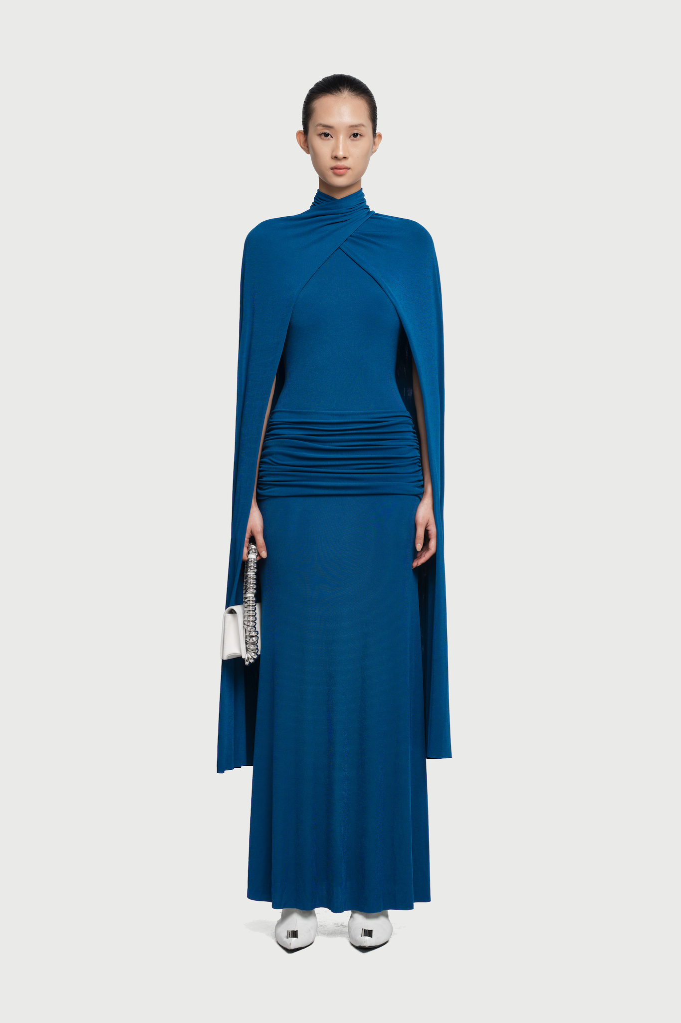 Arian High Neck Cape Draped Maxi Dress In Blue