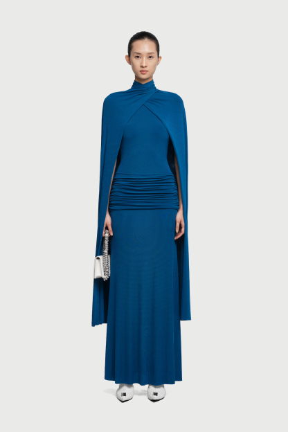 Arian High Neck Cape Draped Maxi Dress In Blue