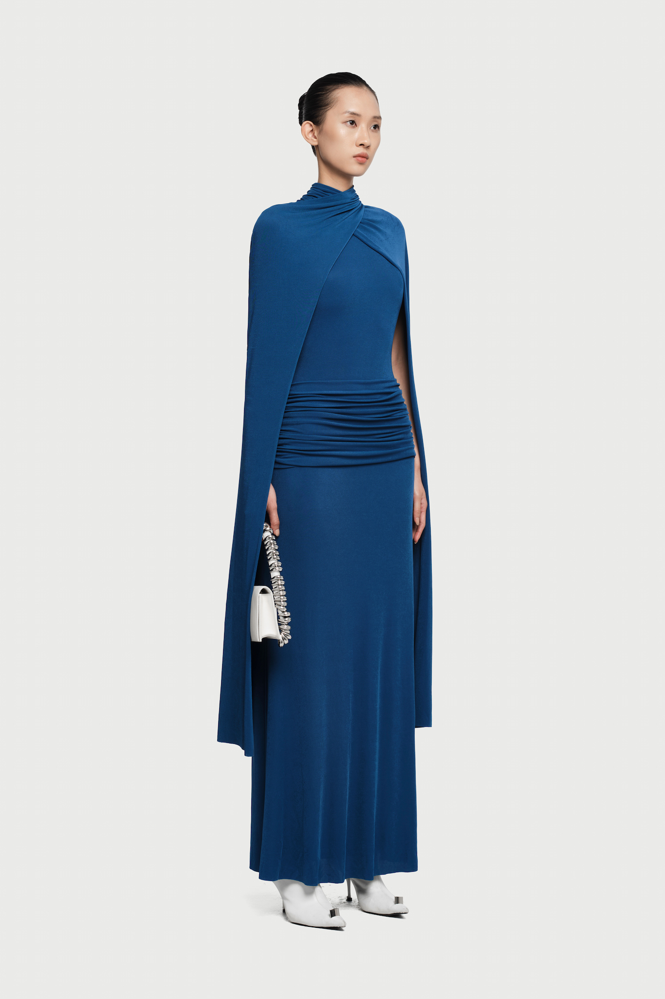 Arian High Neck Cape Draped Maxi Dress In Blue