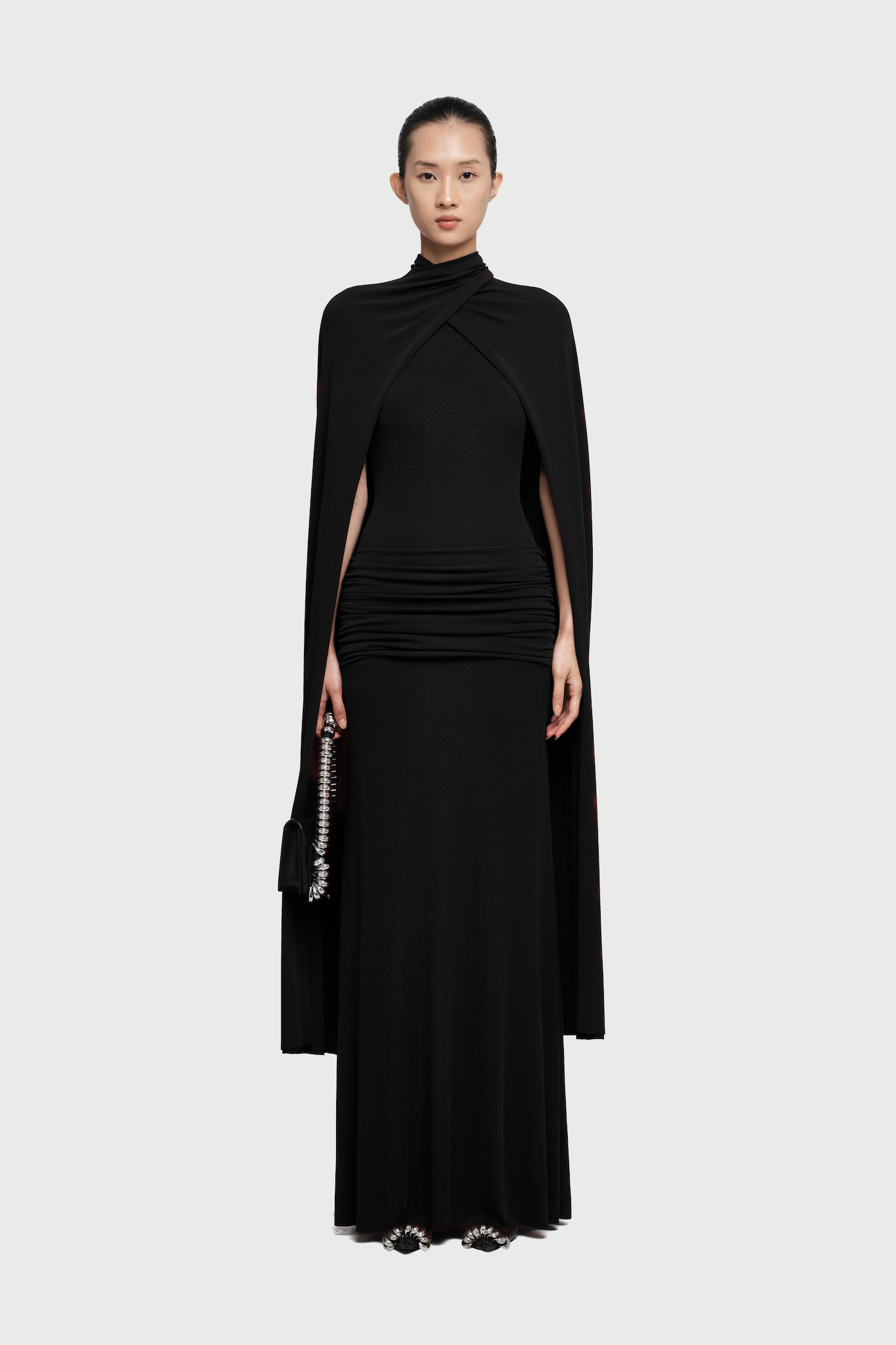 Arian High Neck Cape Draped Maxi Dress In Black