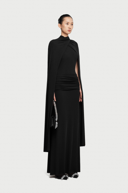 Arian High Neck Cape Draped Maxi Dress In Black