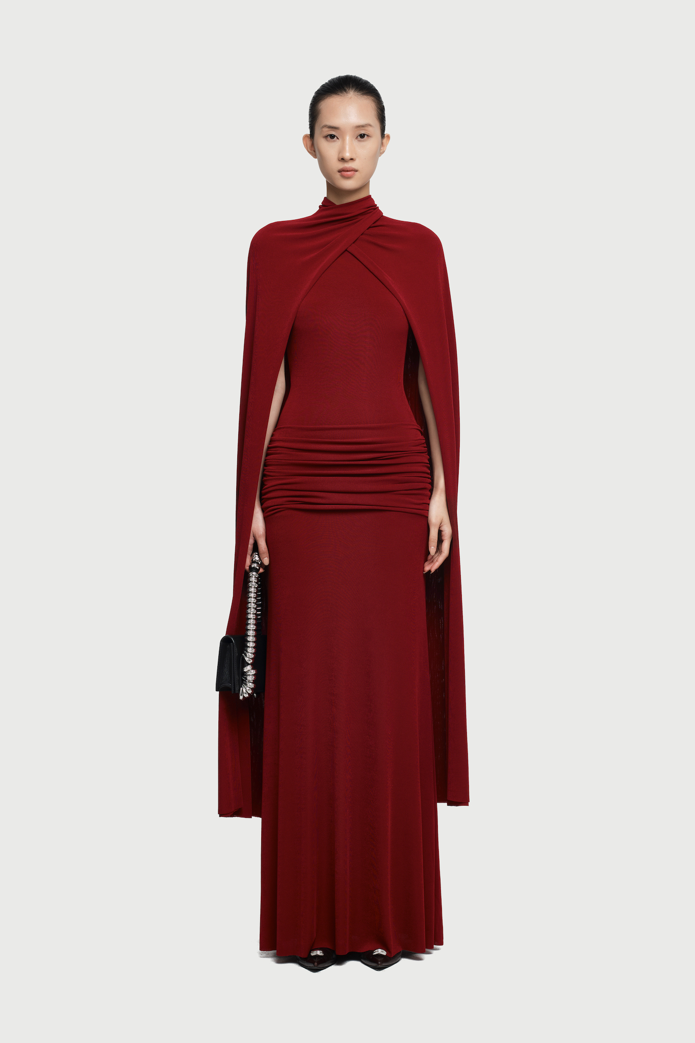 Arian High Neck Cape Draped Maxi Dress In Red
