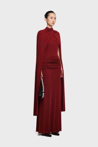 Arian High Neck Cape Draped Maxi Dress In Red