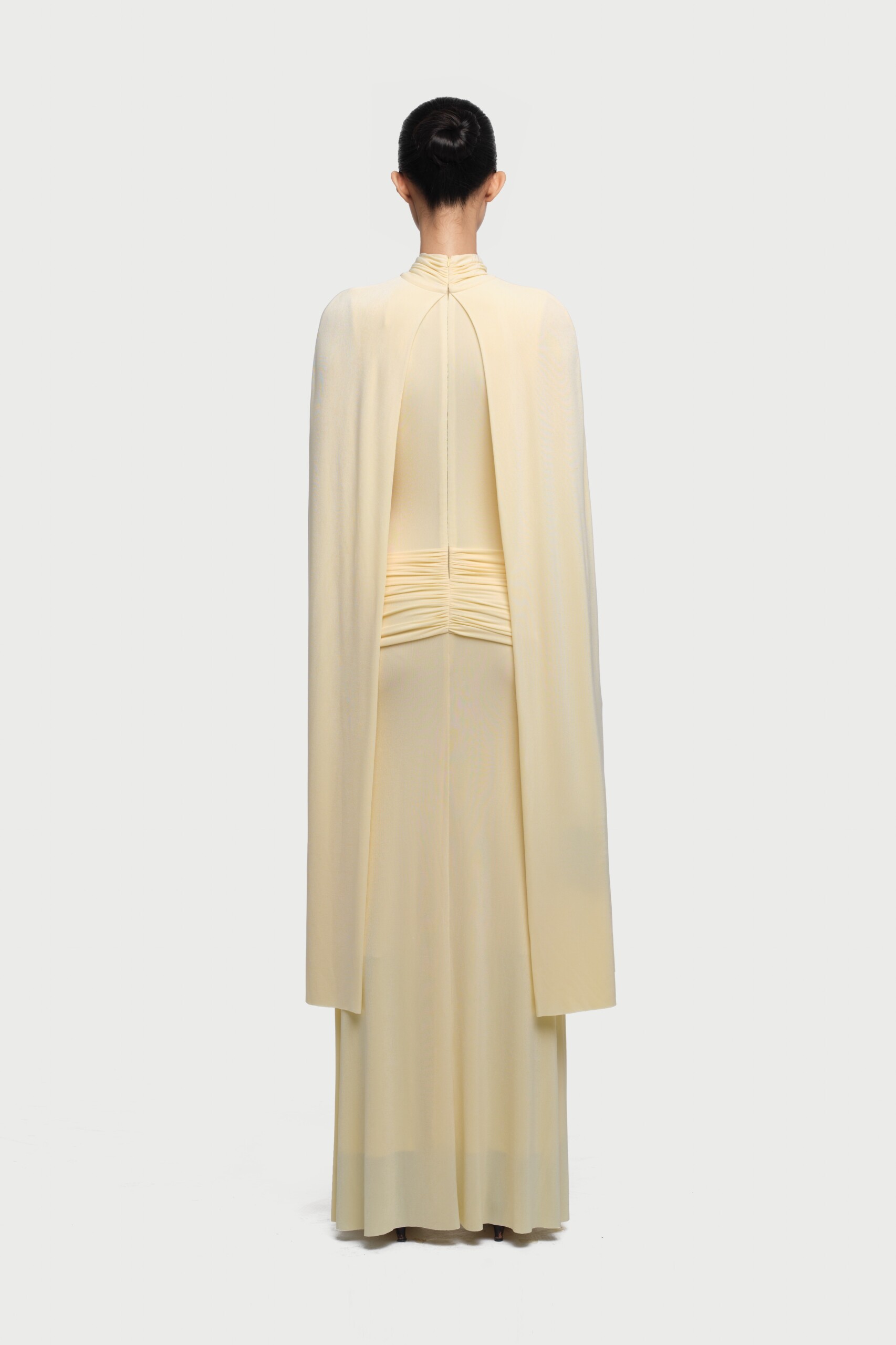 Arian High Neck Cape Draped Maxi Dress In Yellow