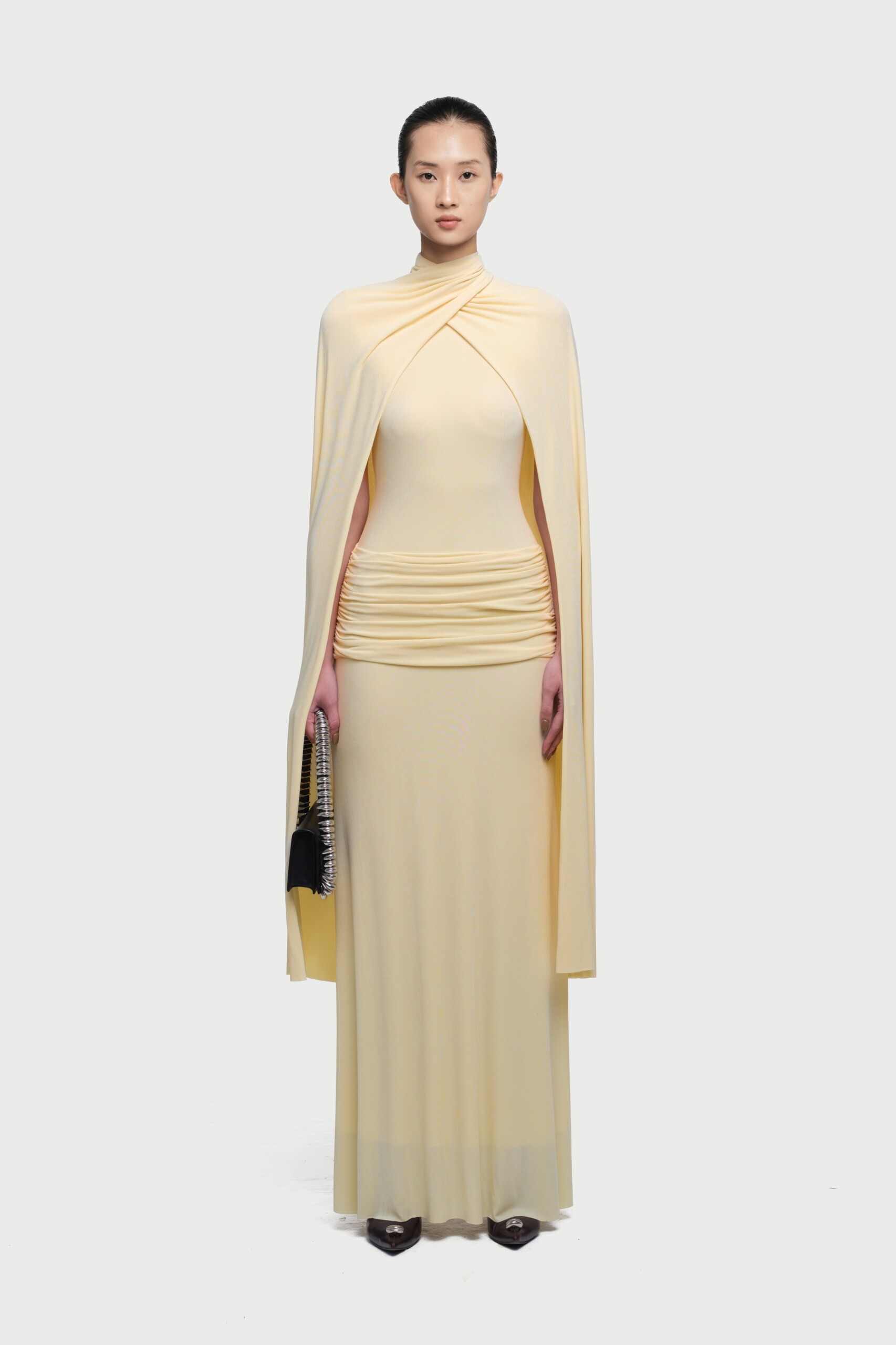 Arian High Neck Cape Draped Maxi Dress In Yellow