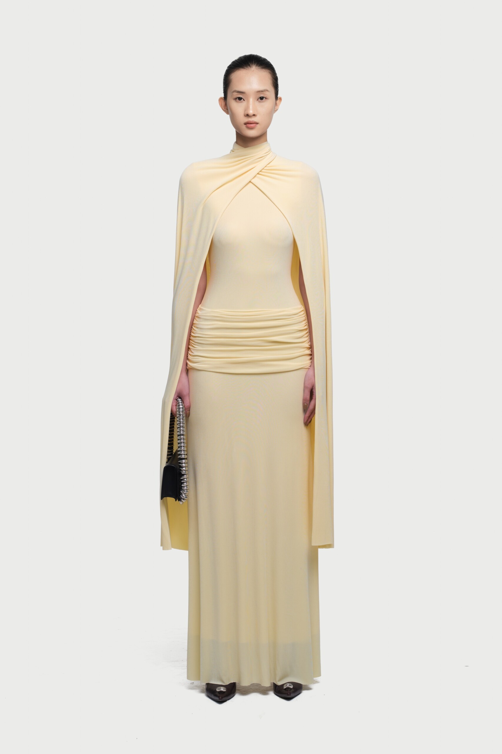 Arian High Neck Cape Draped Maxi Dress In Yellow