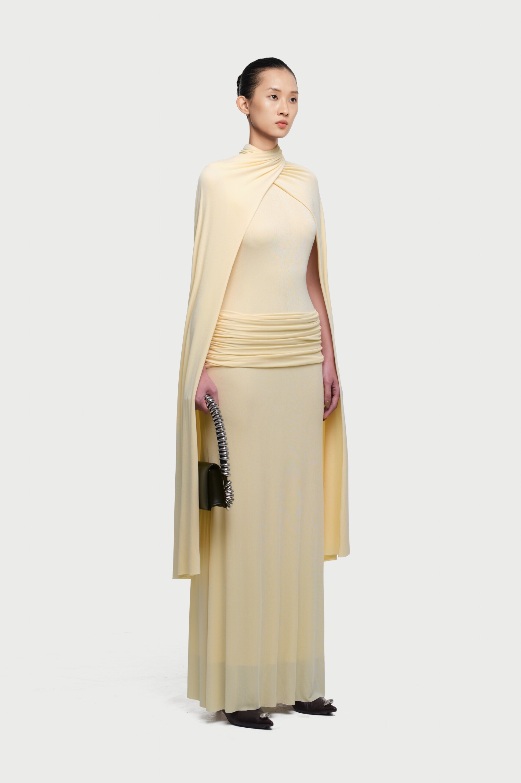 Arian High Neck Cape Draped Maxi Dress In Yellow