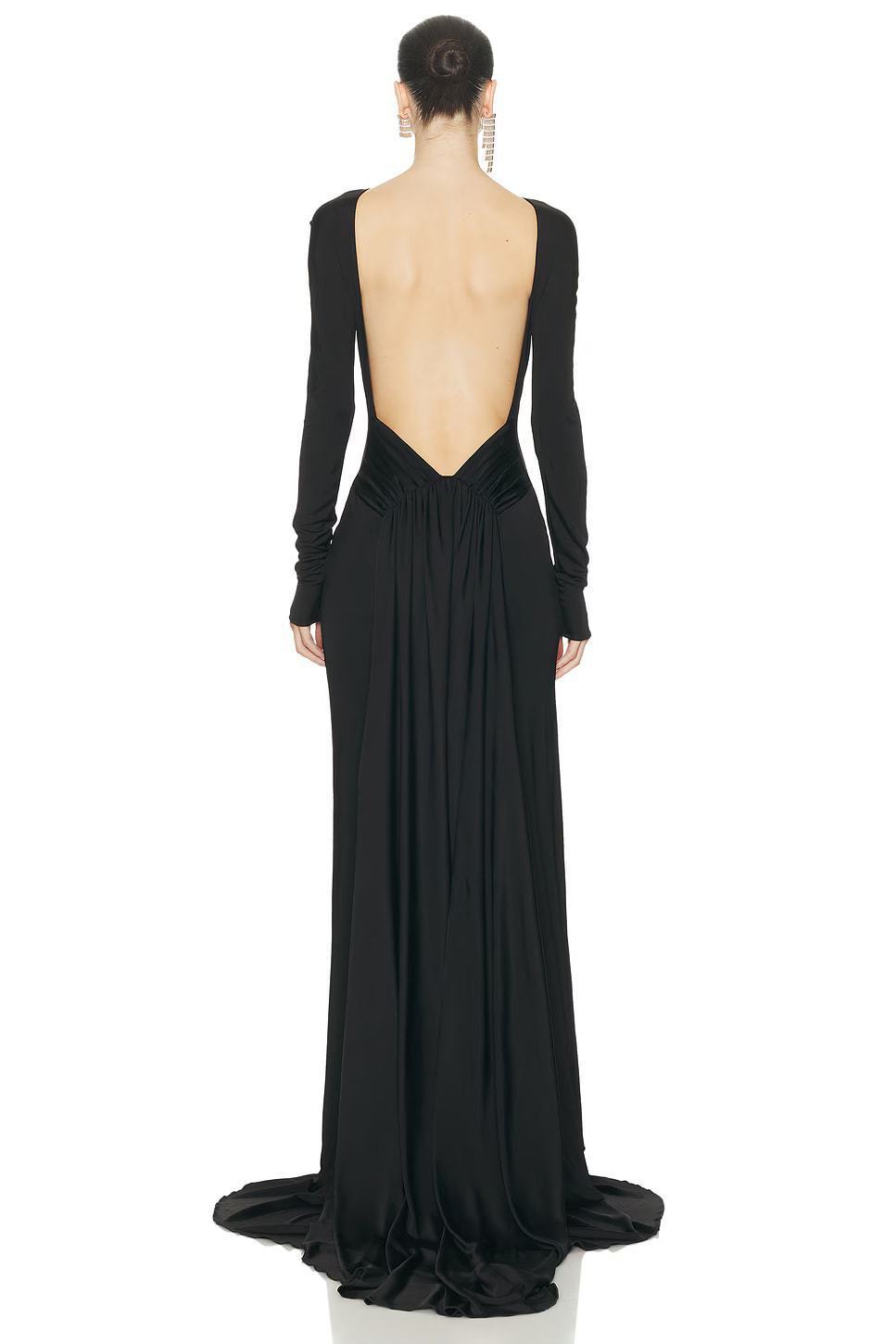 Tilly Long Sleeve Backless Ruched Maxi Dress In Black