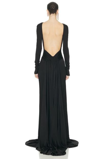 Tilly Long Sleeve Backless Ruched Maxi Dress In Black